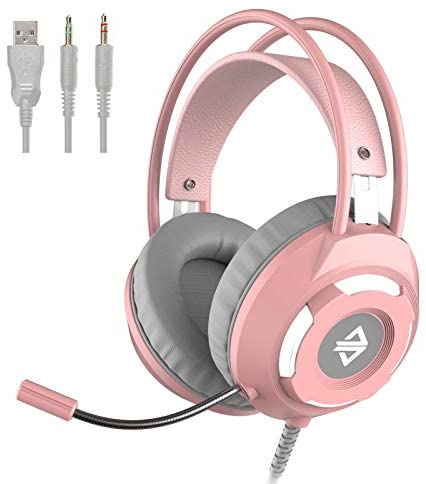 Lomi-luskr AX120 Stereo Wired Headset, Gaming Headphones with Mic, Soft Earmuffs, LED Light (Pink)